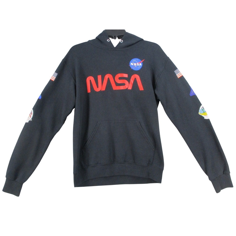 Bowery Supply Co Mens NASA Hoodie Black Worm Meatball Logo Sleeve Patches Small
